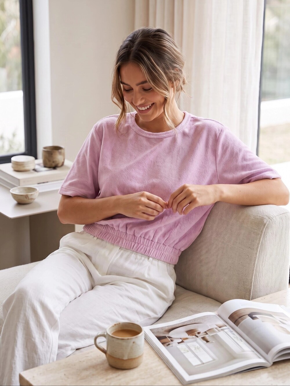 MONROW Diamond Terry Cloth Top in Pink Pearl